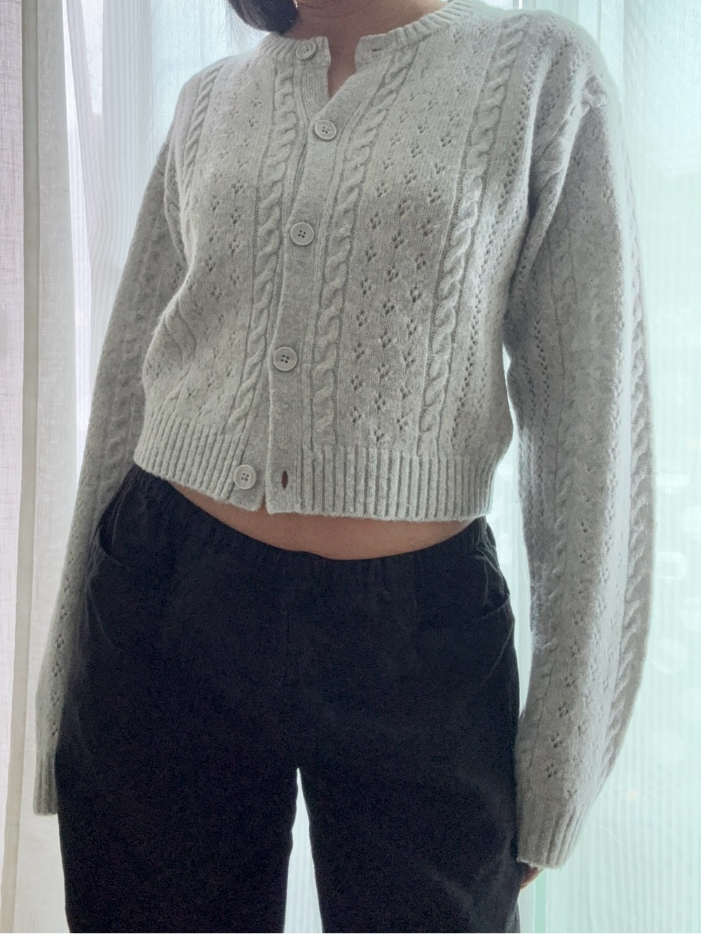 Aritzia Sweetspot Light Gray Cropped Cable-Knit Button Cardigan